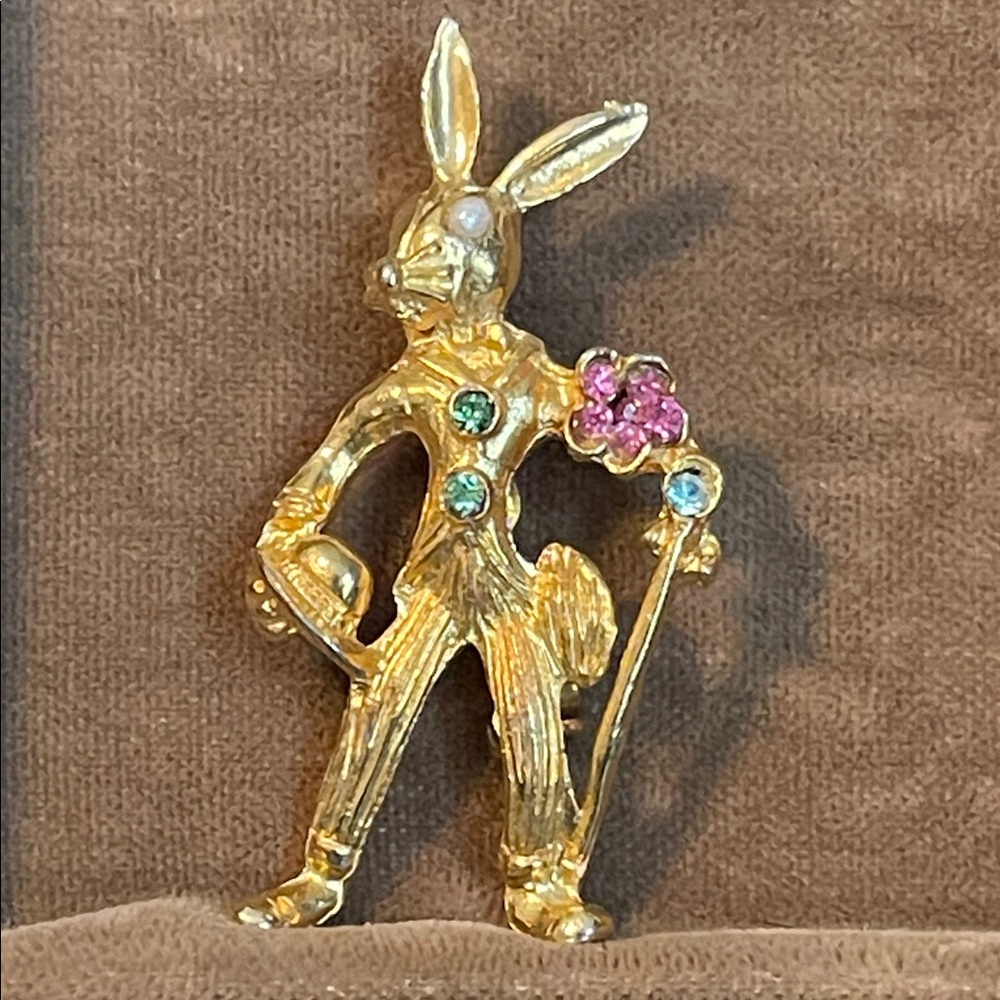 🍄 Vintage Distinguished Gold Rabbit Colorful Rhinestone Brooch